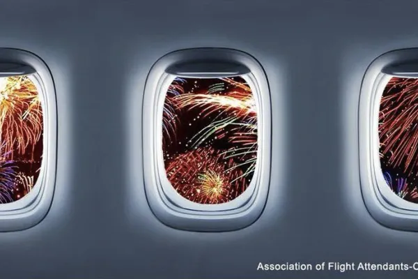 plane window with fireworks
