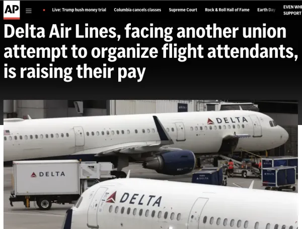 Delta raises pay amid union push, AP article